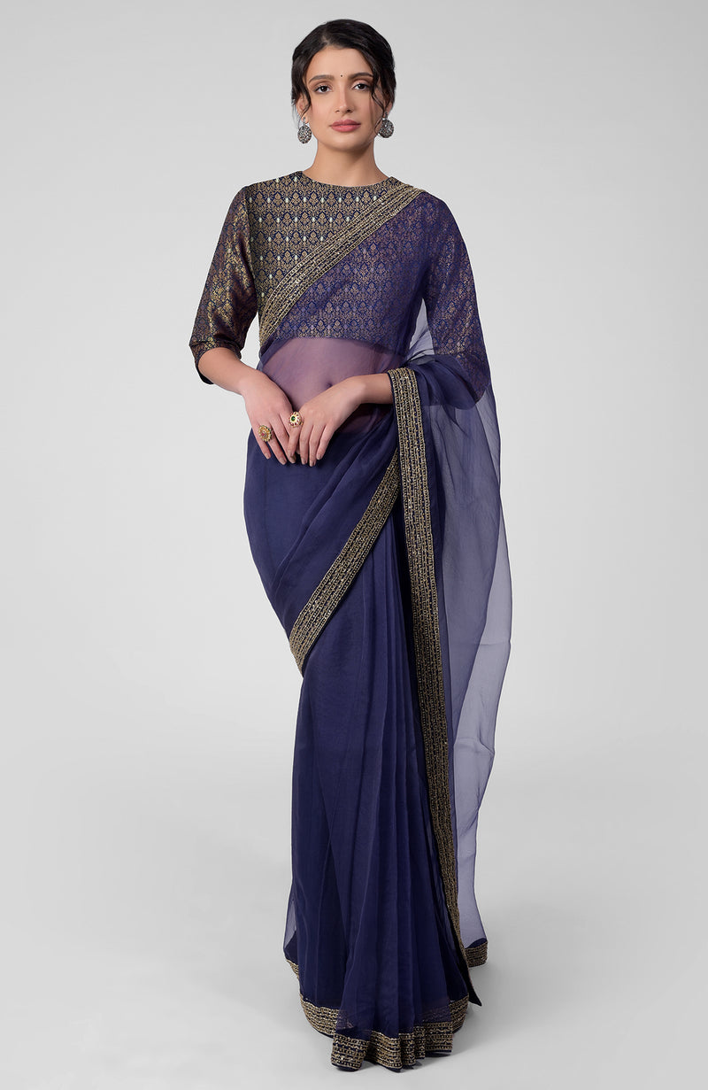 Tara - Ink Blue Hand Embroidered Zardozi Saree & Brocade Blouse