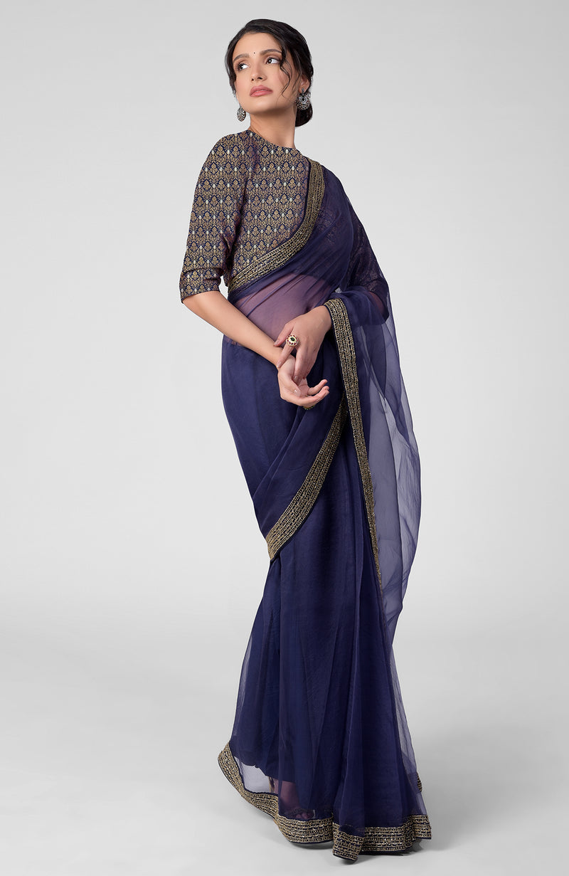 Tara - Ink Blue Hand Embroidered Zardozi Saree & Brocade Blouse