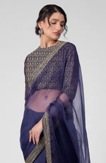 Tara - Ink Blue Hand Embroidered Zardozi Saree & Brocade Blouse