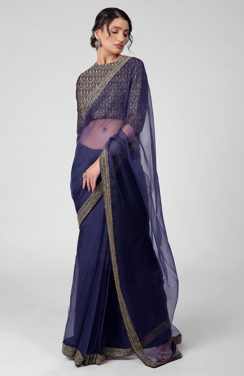 Tara - Ink Blue Hand Embroidered Zardozi Saree & Brocade Blouse