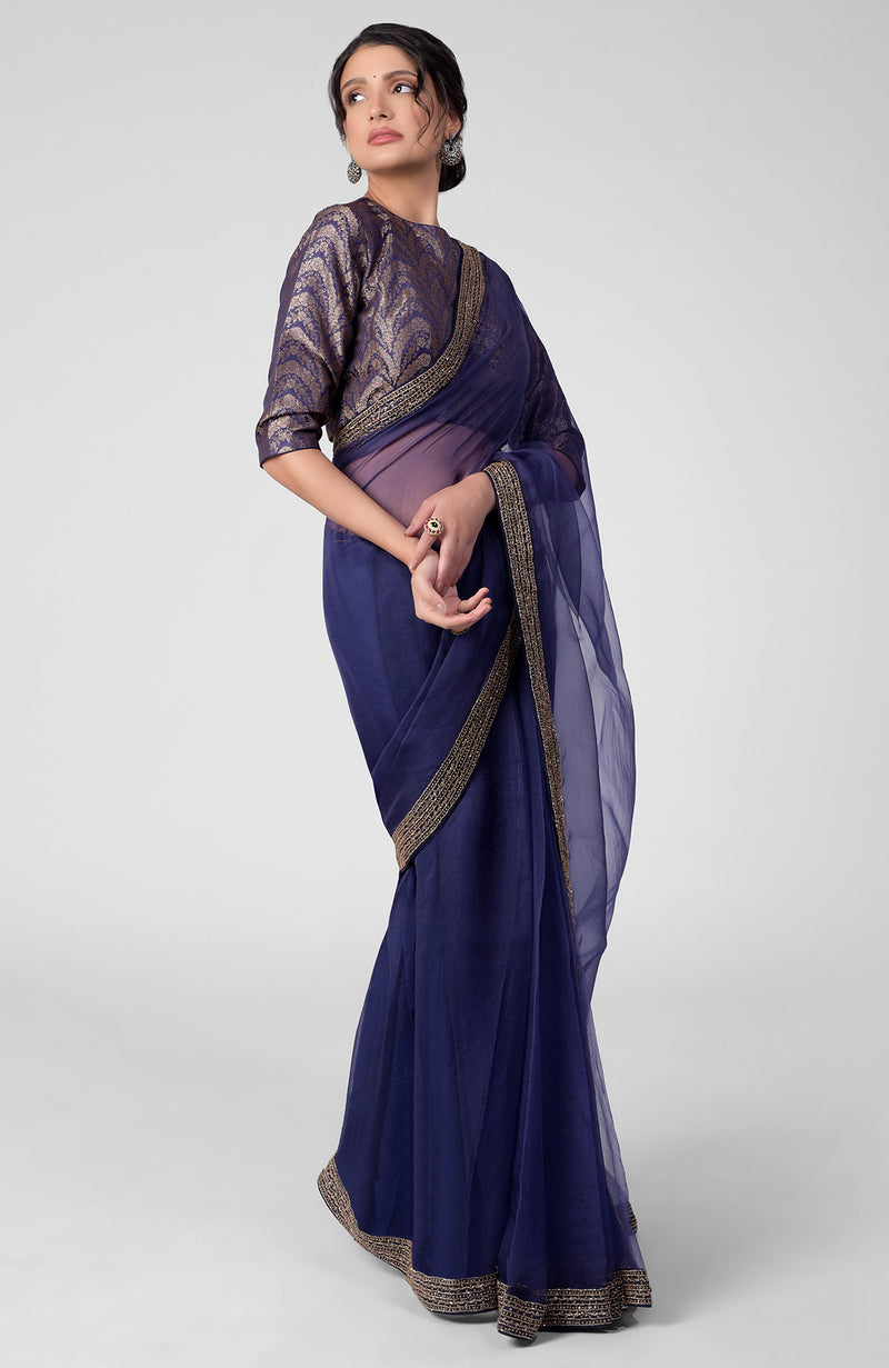 Buy Banarasi Silk Party Wear Saree In Ink Blue Color Online - SARV06109 |  Andaaz Fashion