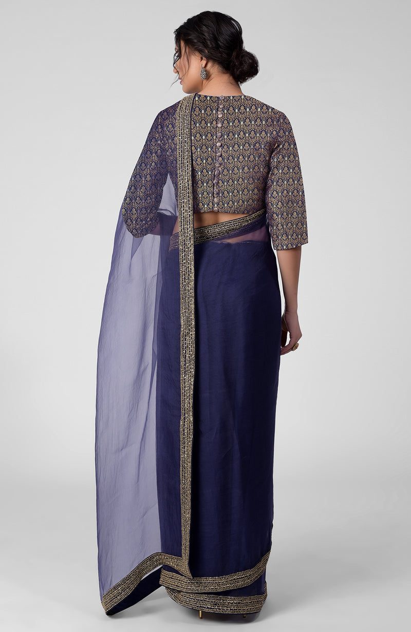 Tara - Ink Blue Hand Embroidered Zardozi Saree & Brocade Blouse
