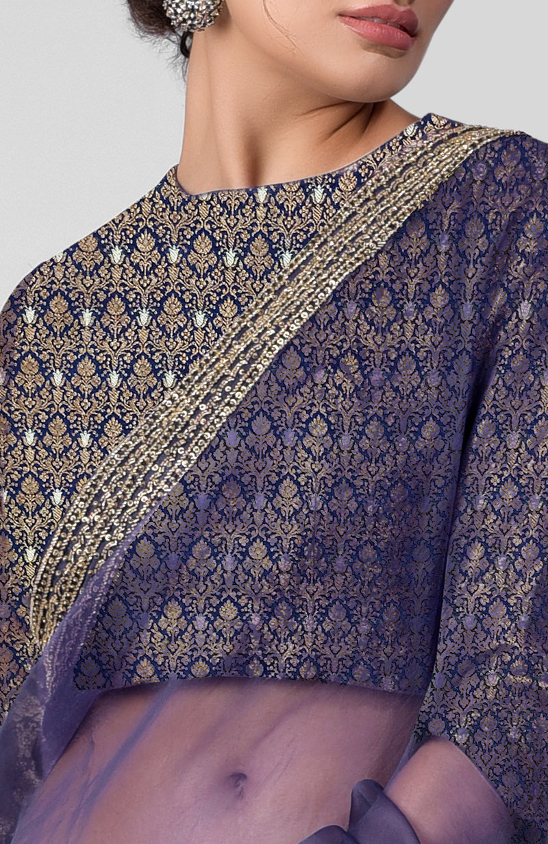 Tara - Ink Blue Hand Embroidered Zardozi Saree & Brocade Blouse