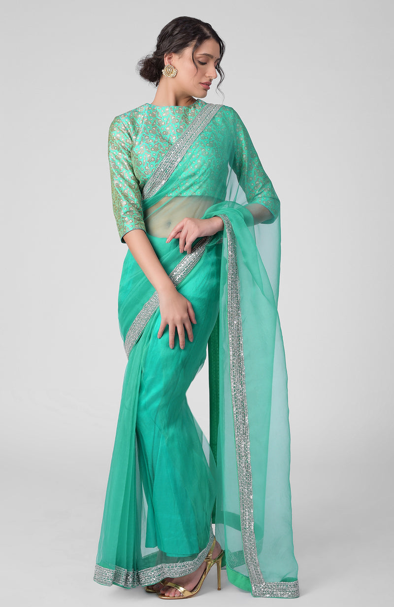 Tara - Mint Hand Embroidered Zardozi Saree & Brocade Blouse