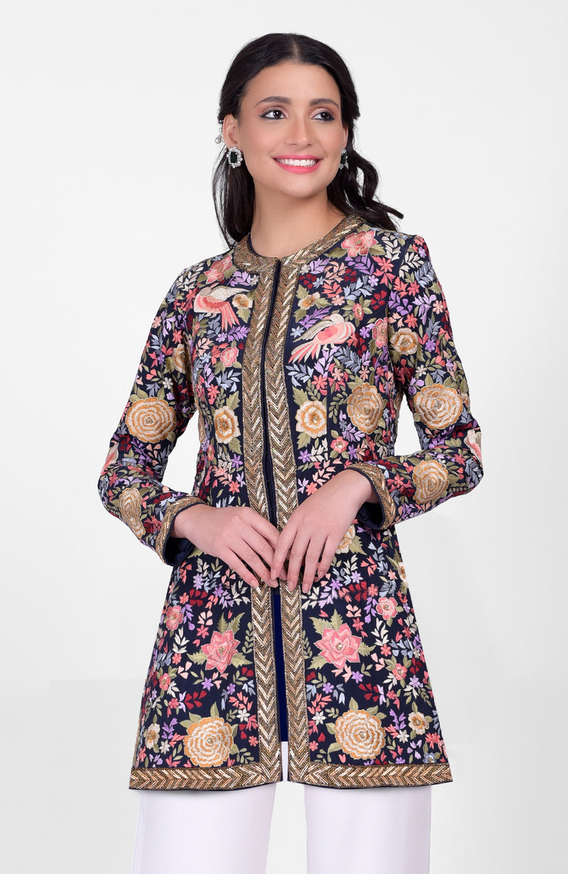 Navy Blue Parsi Gara and Zardozi Hand Embroidered Jacket Set