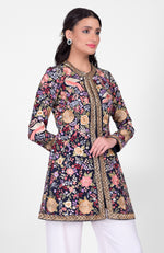 Navy Blue Parsi Gara and Zardozi Hand Embroidered Jacket Set