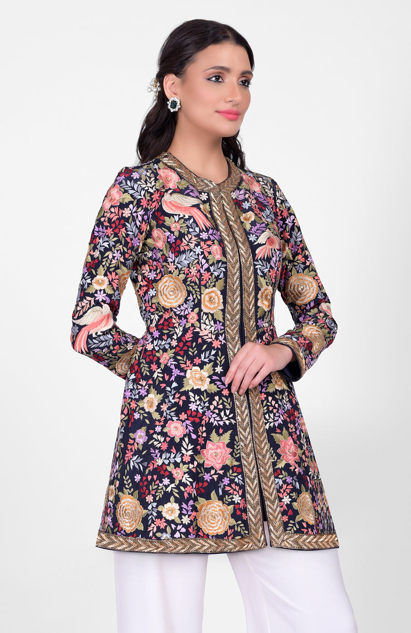 Navy Blue Parsi Gara and Zardozi Hand Embroidered Jacket Set