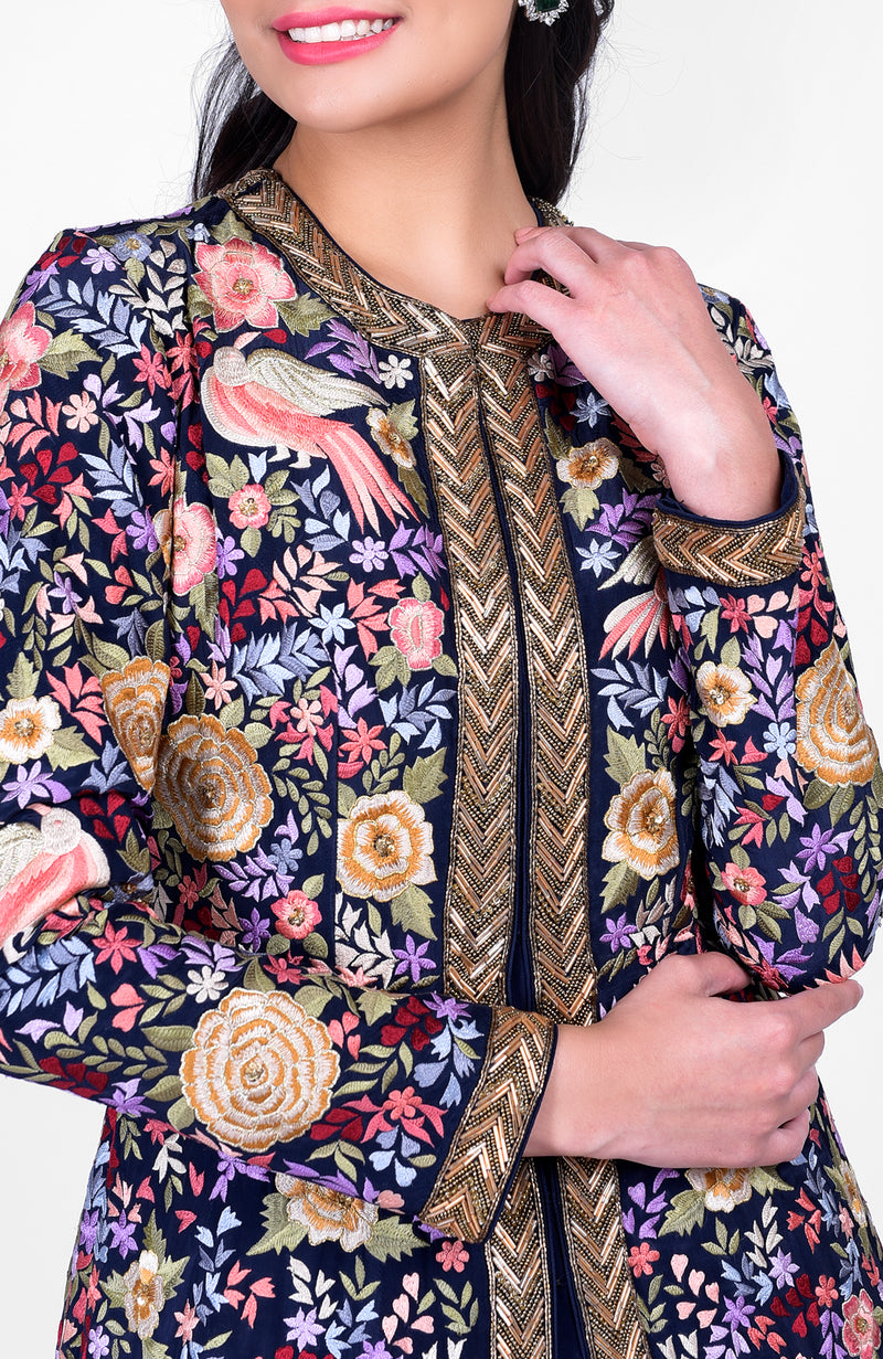 Navy Blue Parsi Gara and Zardozi Hand Embroidered Jacket Set