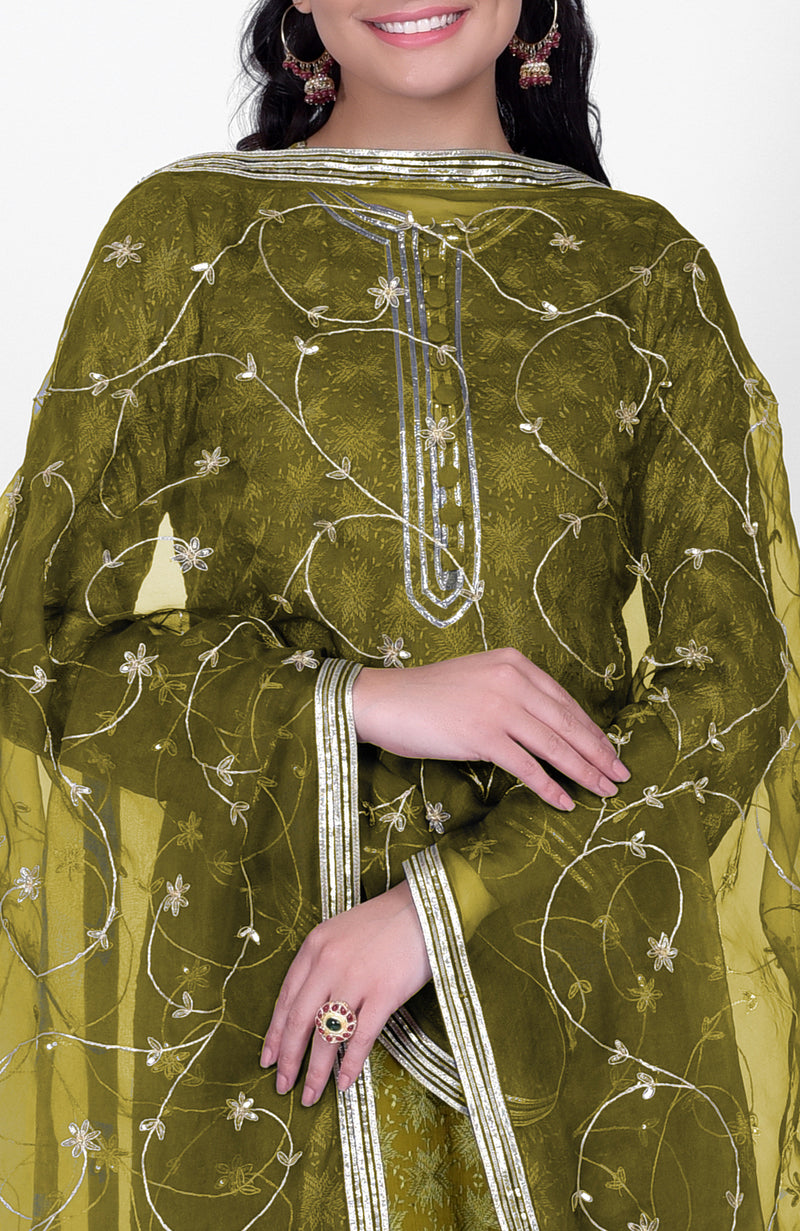 Green Phulkari Kurta Set With Gota Kasab Dupatta