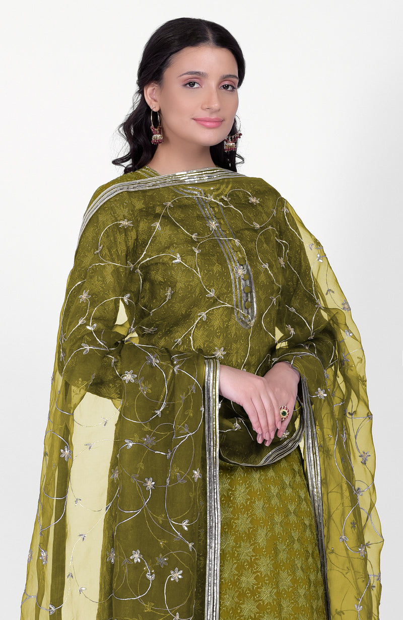 Green Phulkari Kurta Set With Gota Kasab Dupatta