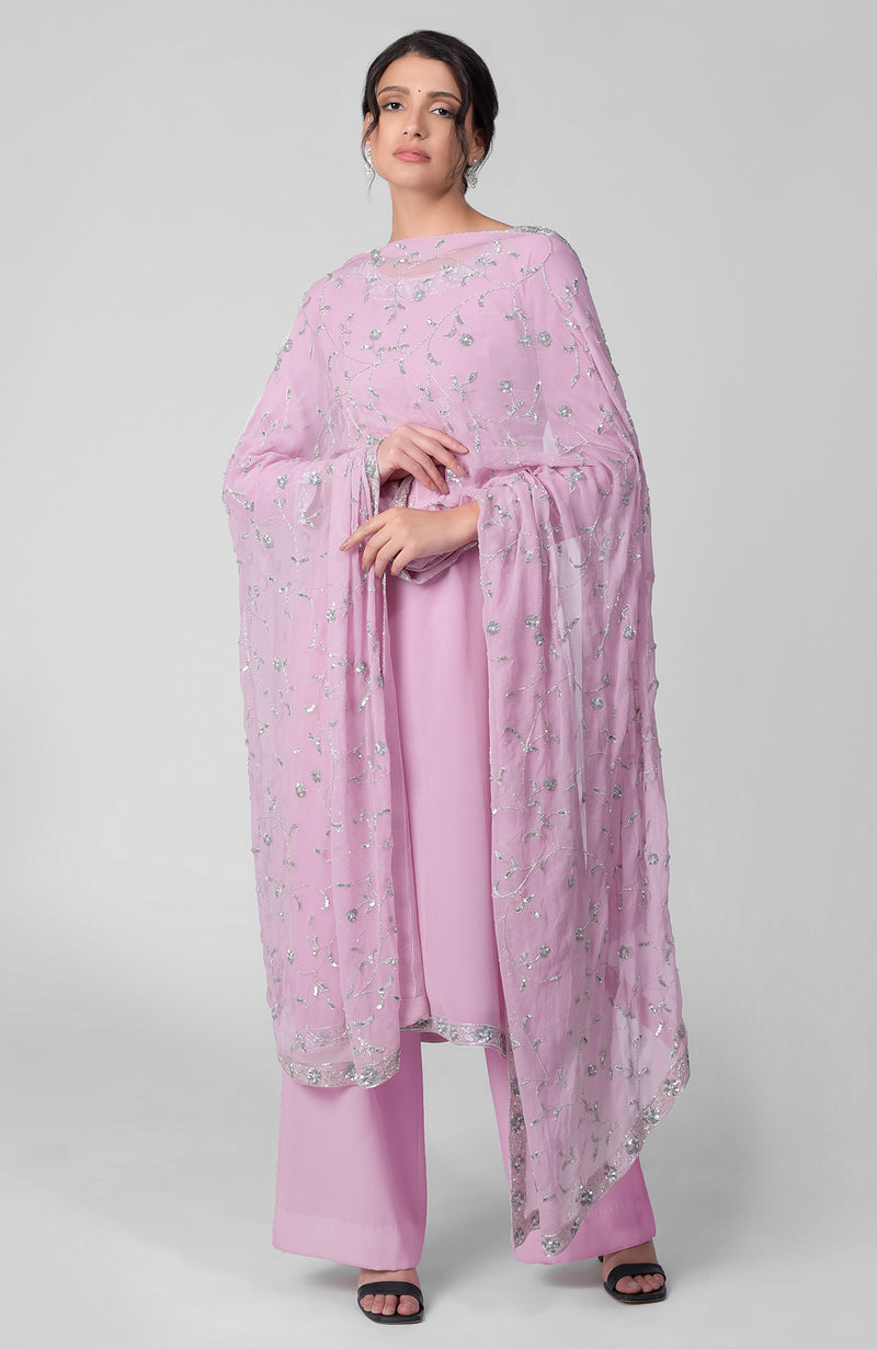 Delicate-Blue Beads & Sequin Zardozi Hand Embroidered Kurta Set