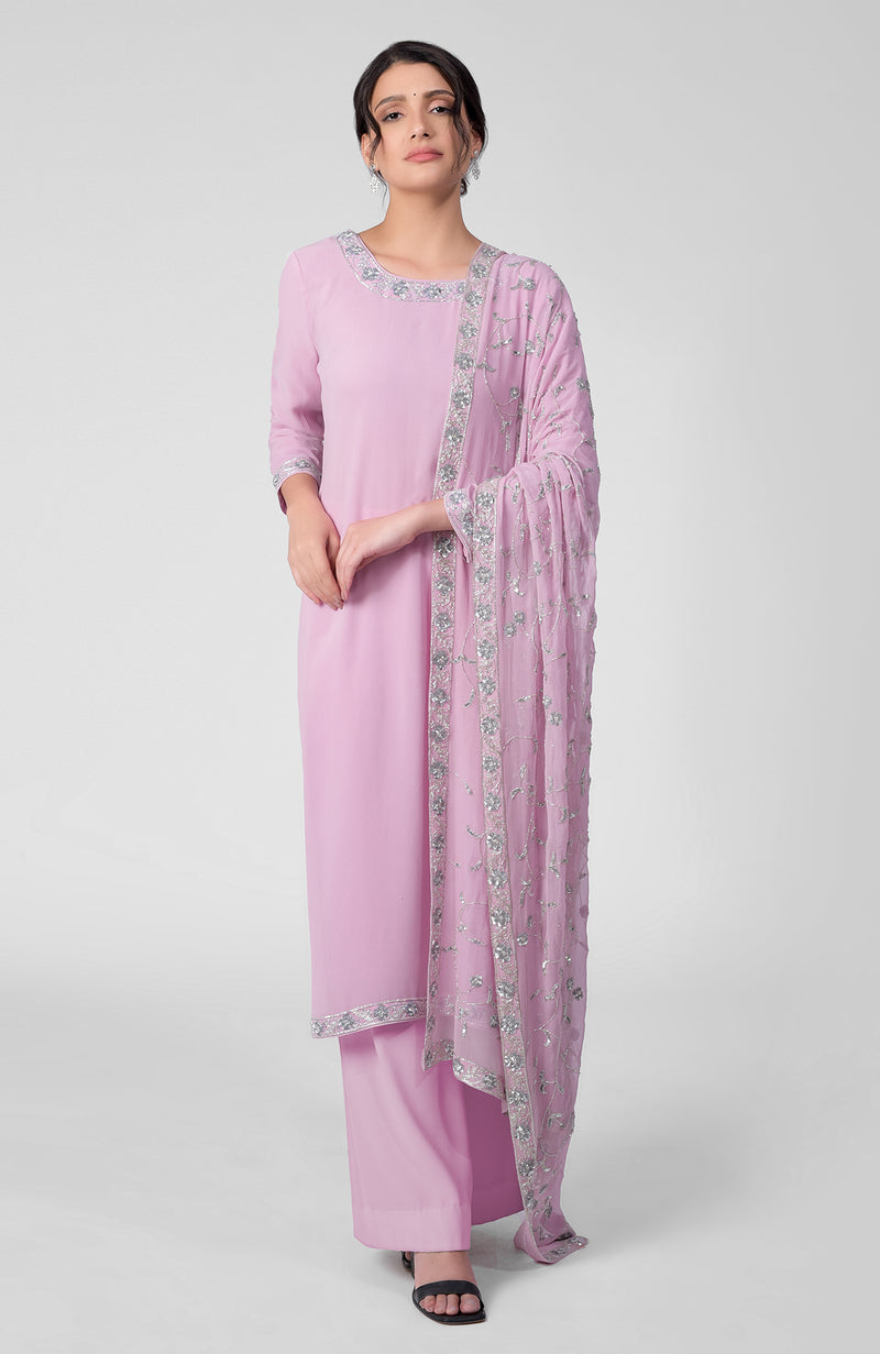 Lilac Breeze-Silver Beads & Sequin Zardozi Hand Embroidered Kurta Set