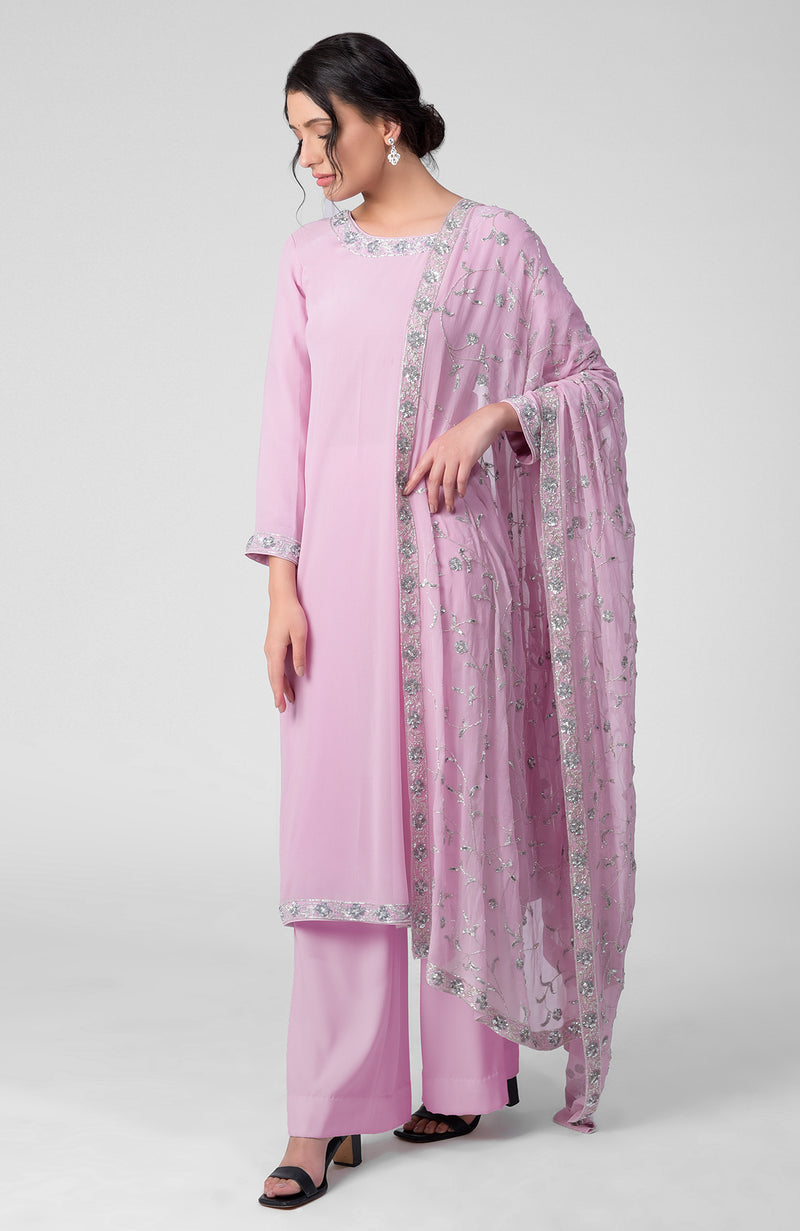 Lilac Breeze-Silver Beads & Sequin Zardozi Hand Embroidered Kurta Set