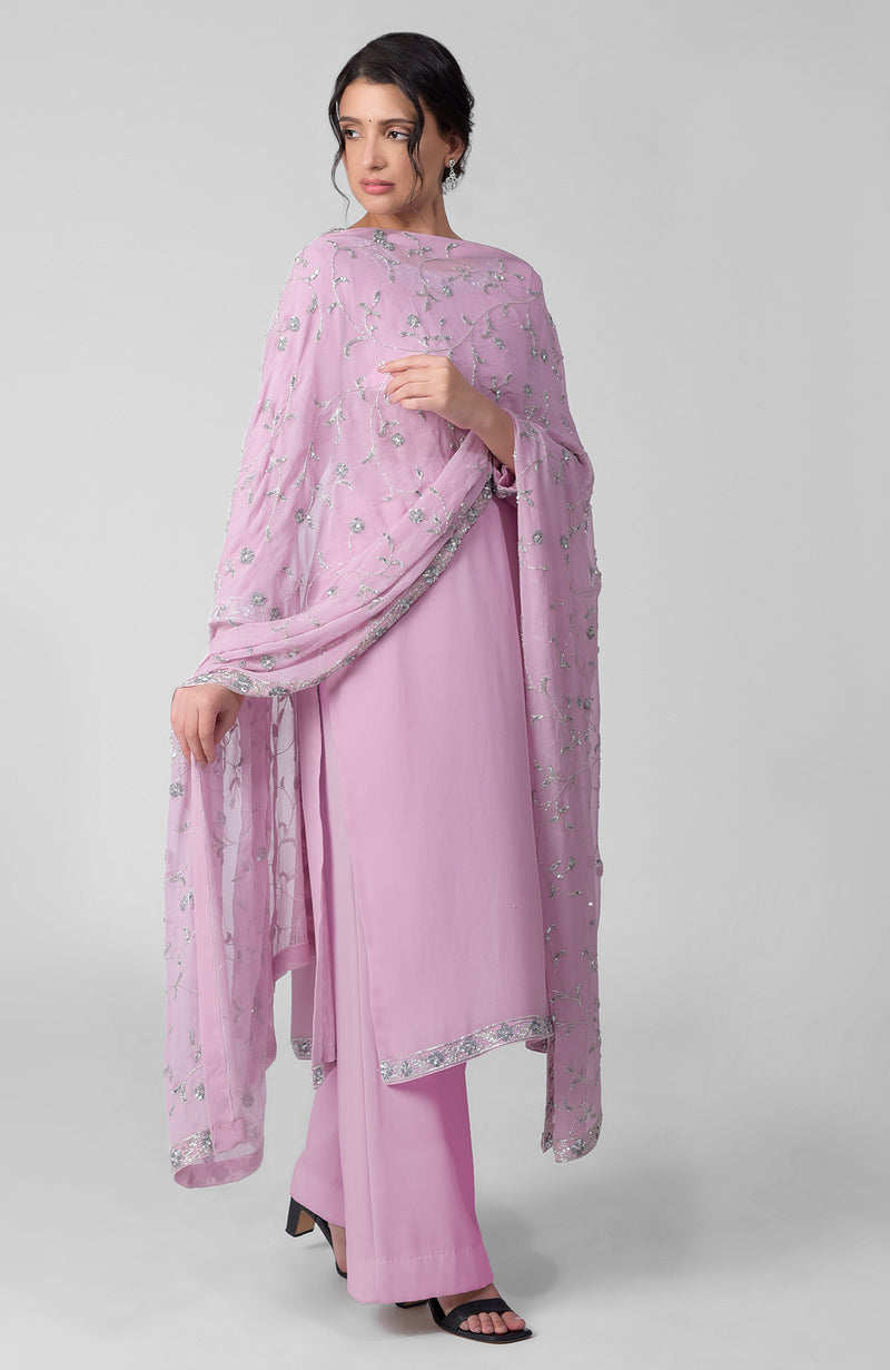 Lilac Breeze-Silver Beads & Sequin Zardozi Hand Embroidered Kurta Set