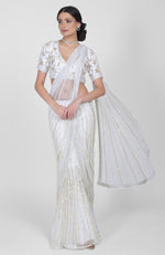 White Shower Sequin & Beads Hand Embroidered Saree