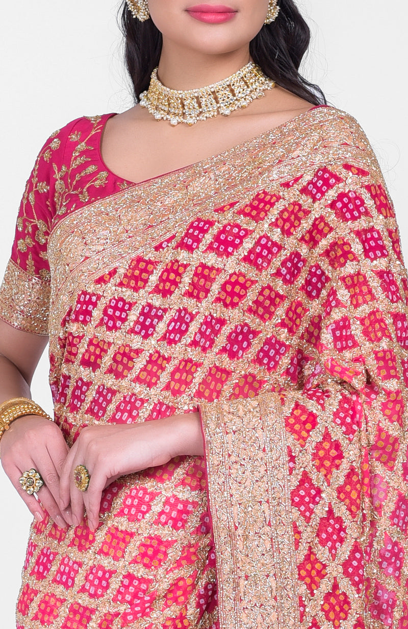 Masterpiece Pink-Red Ombre Bandhej & Banarasi Zari Zardozi Hand Embroidered Saree