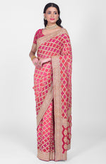 Masterpiece Pink-Red Ombre Bandhej & Banarasi Zari Zardozi Hand Embroidered Saree