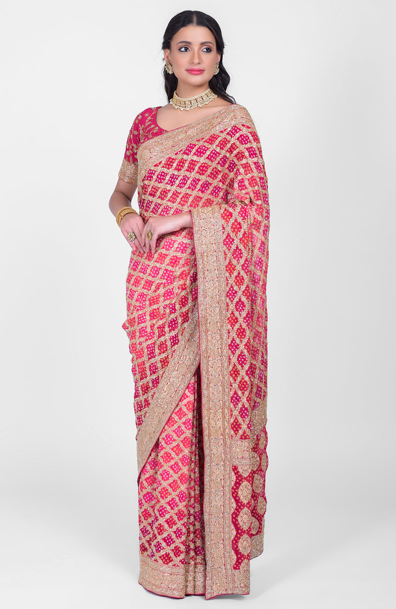 Masterpiece Pink-Red Ombre Bandhej & Banarasi Zari Zardozi Hand Embroidered Saree