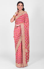 Masterpiece Pink-Red Ombre Bandhej & Banarasi Zari Zardozi Hand Embroidered Saree