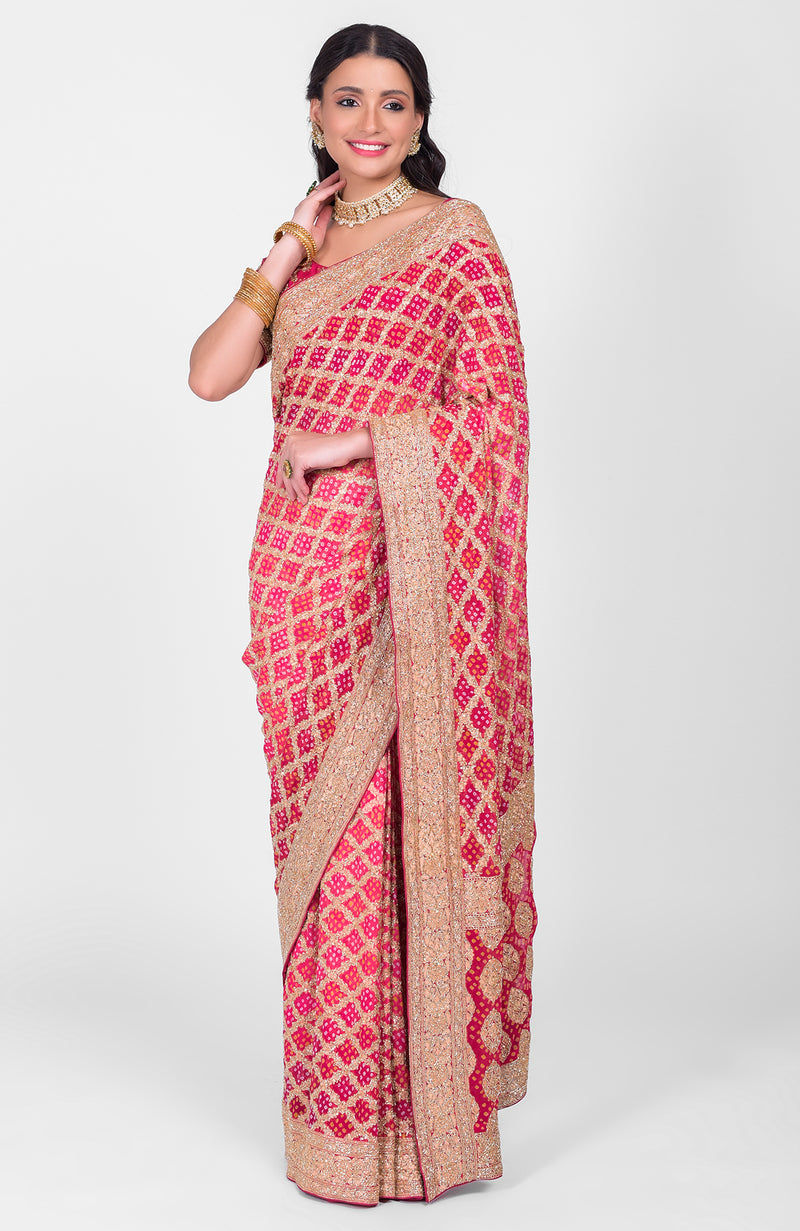 Masterpiece Pink-Red Ombre Bandhej & Banarasi Zari Zardozi Hand Embroidered Saree