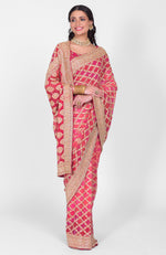 Masterpiece Pink-Red Ombre Bandhej & Banarasi Zari Zardozi Hand Embroidered Saree