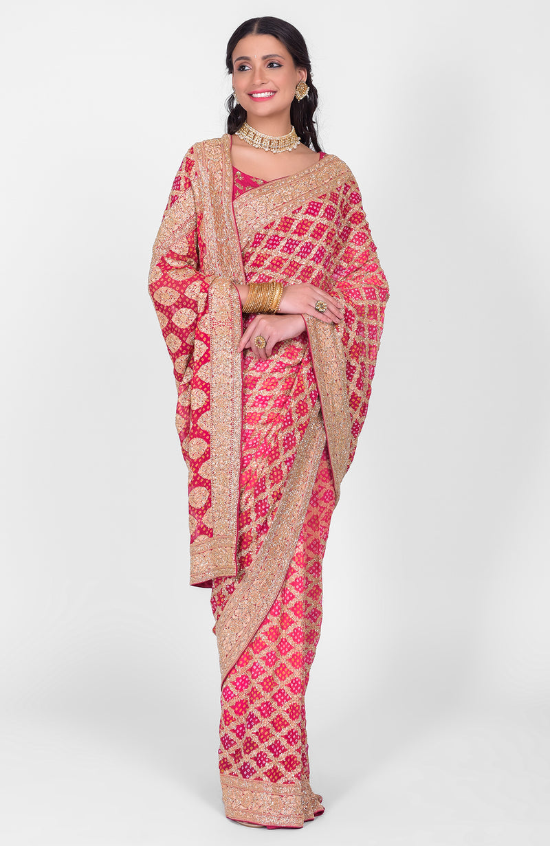Masterpiece Pink-Red Ombre Bandhej & Banarasi Zari Zardozi Hand Embroidered Saree