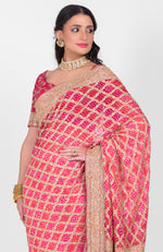 Masterpiece Pink-Red Ombre Bandhej & Banarasi Zari Zardozi Hand Embroidered Saree