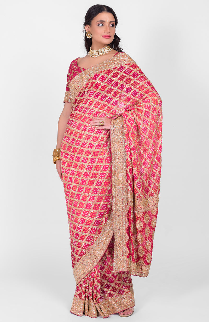 Masterpiece Pink-Red Ombre Bandhej & Banarasi Zari Zardozi Hand Embroidered Saree