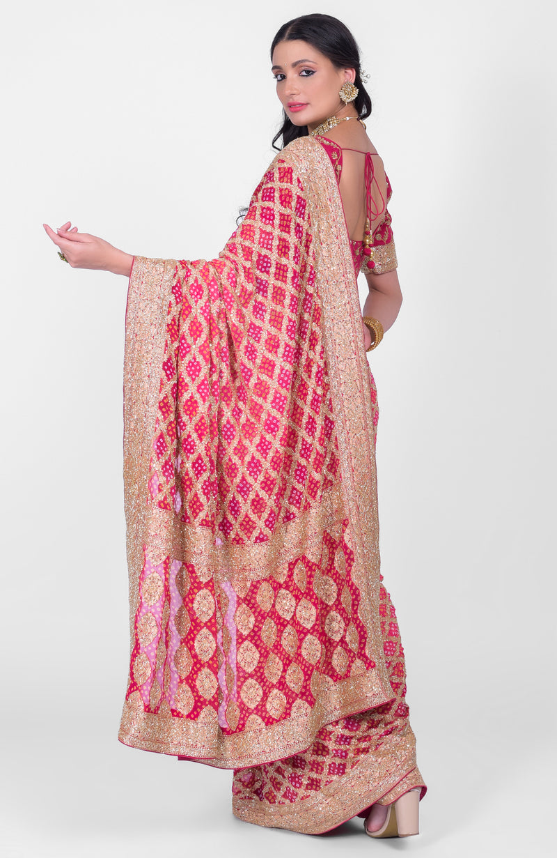 Masterpiece Pink-Red Ombre Bandhej & Banarasi Zari Zardozi Hand Embroidered Saree