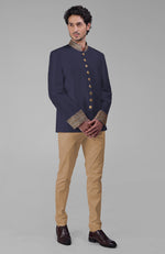 Midnight Blue Zardozi Hand Embroidered Silk Bandhgala Jacket Set