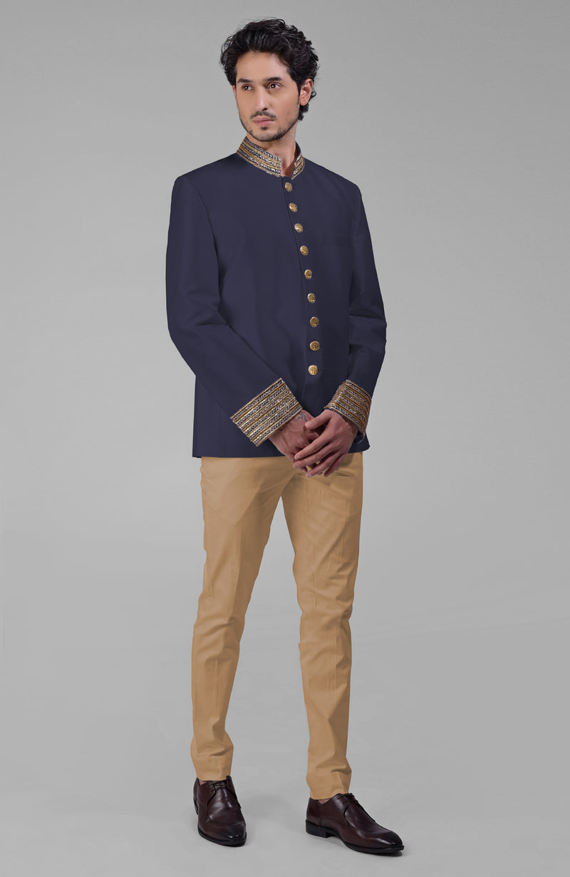 Midnight Blue Zardozi Hand Embroidered Silk Bandhgala Jacket Set