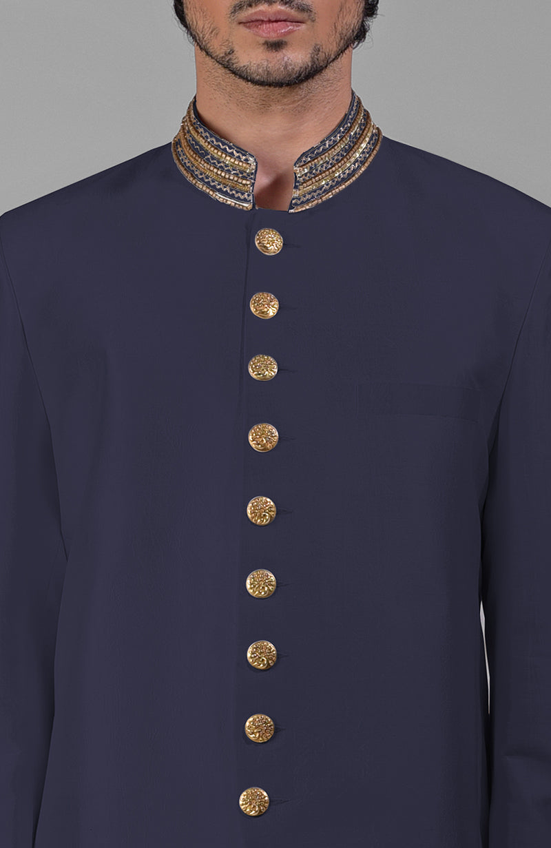 Midnight Blue Zardozi Hand Embroidered Silk Bandhgala Jacket Set
