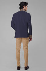 Midnight Blue Zardozi Hand Embroidered Silk Bandhgala Jacket Set