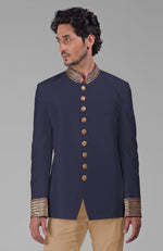 Midnight Blue Zardozi Hand Embroidered Silk Bandhgala Jacket Set