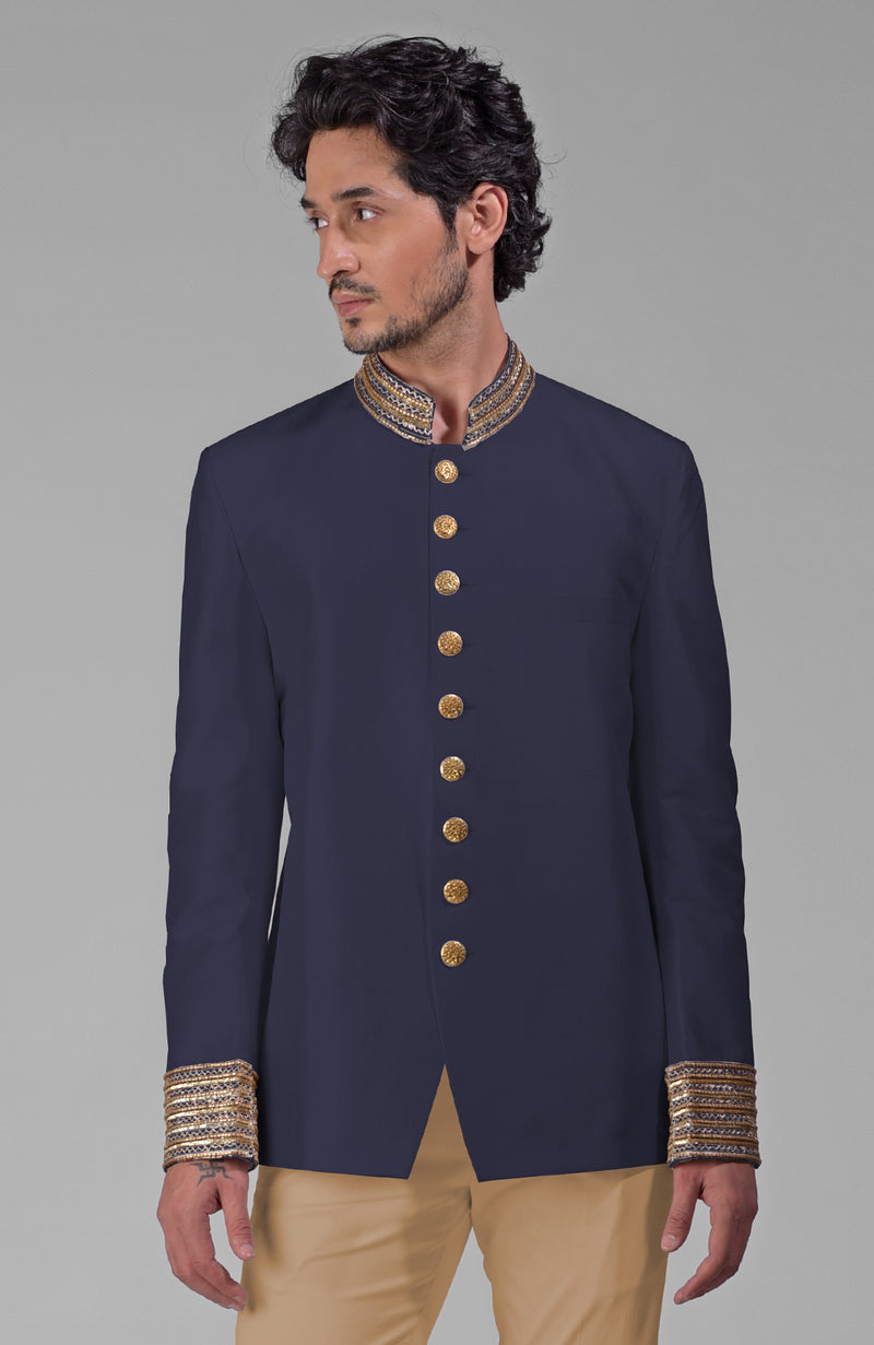Midnight Blue Zardozi Hand Embroidered Silk Bandhgala Jacket Set