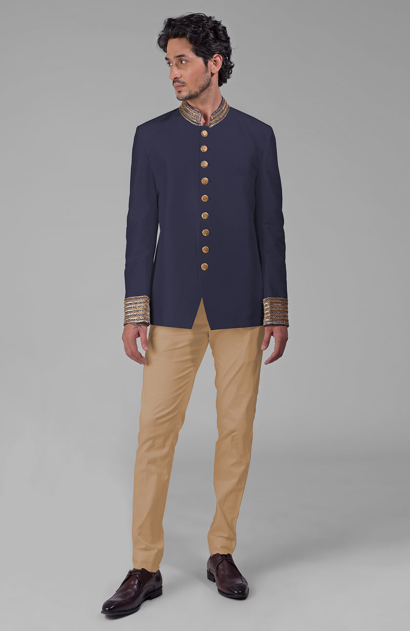 Midnight Blue Zardozi Hand Embroidered Silk Bandhgala Jacket Set