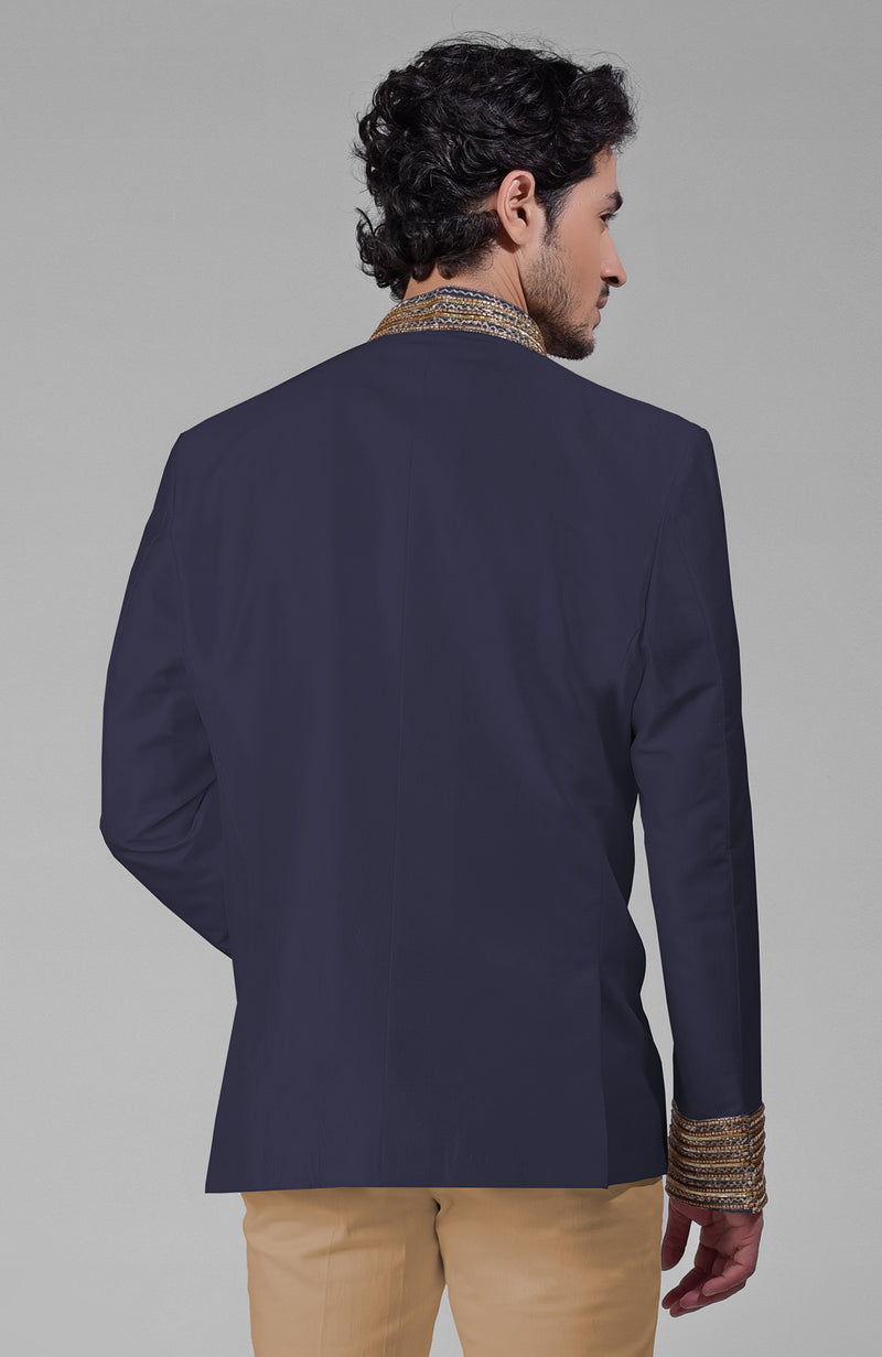 Midnight Blue Zardozi Hand Embroidered Silk Bandhgala Jacket Set