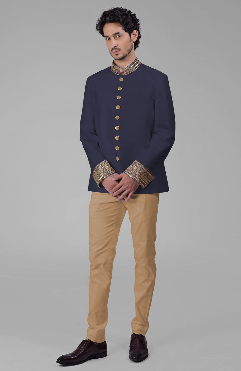 Midnight Blue Zardozi Hand Embroidered Silk Bandhgala Jacket Set