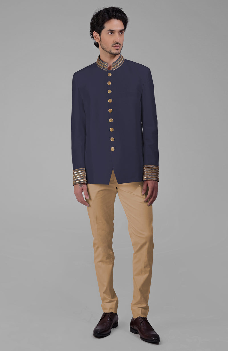 Midnight Blue Zardozi Hand Embroidered Silk Bandhgala Jacket Set