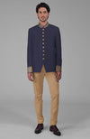 Midnight Blue Zardozi Hand Embroidered Silk Bandhgala Jacket Set