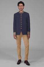 Midnight Blue Zardozi Hand Embroidered Silk Bandhgala Jacket Set