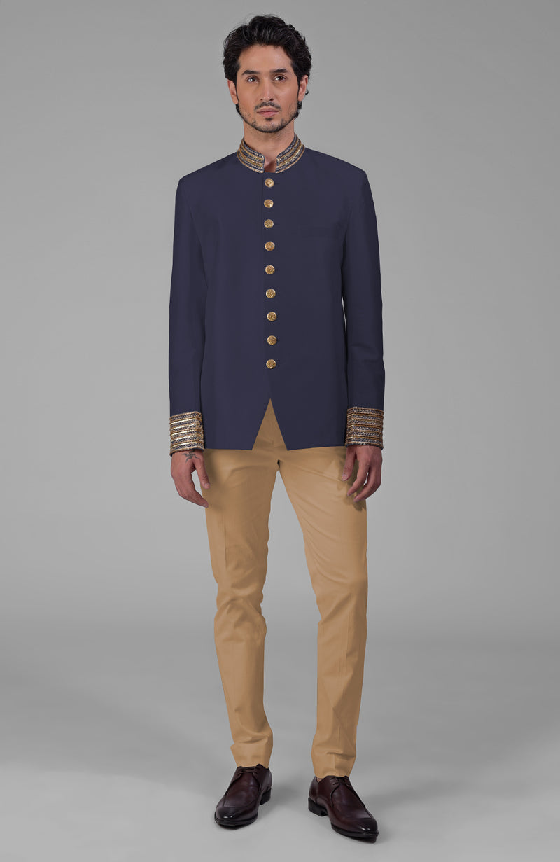 Midnight Blue Zardozi Hand Embroidered Silk Bandhgala Jacket Set