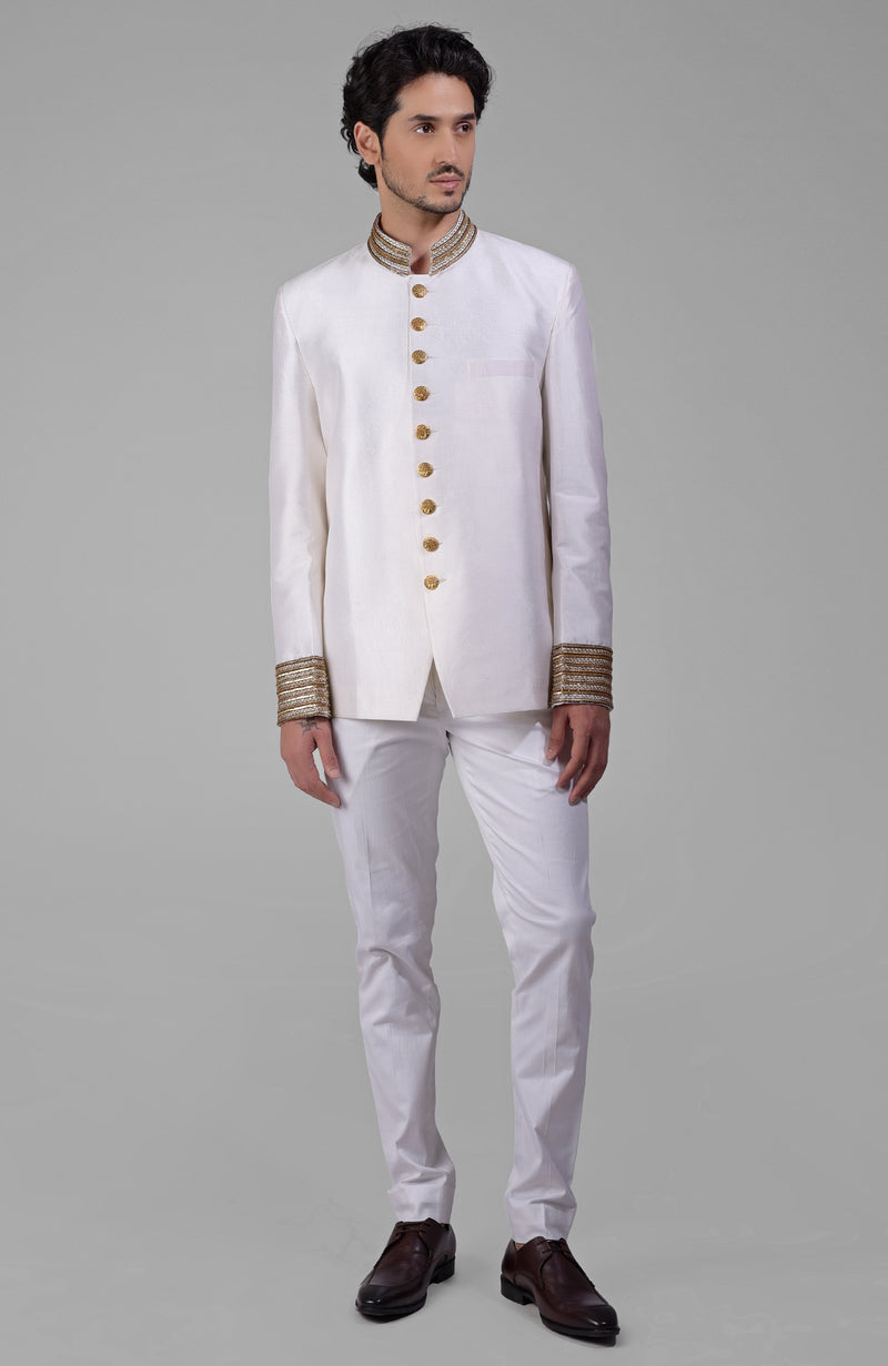 Burnished Lilac Zardozi Hand Embroidered Silk Bandhgala Jacket Set