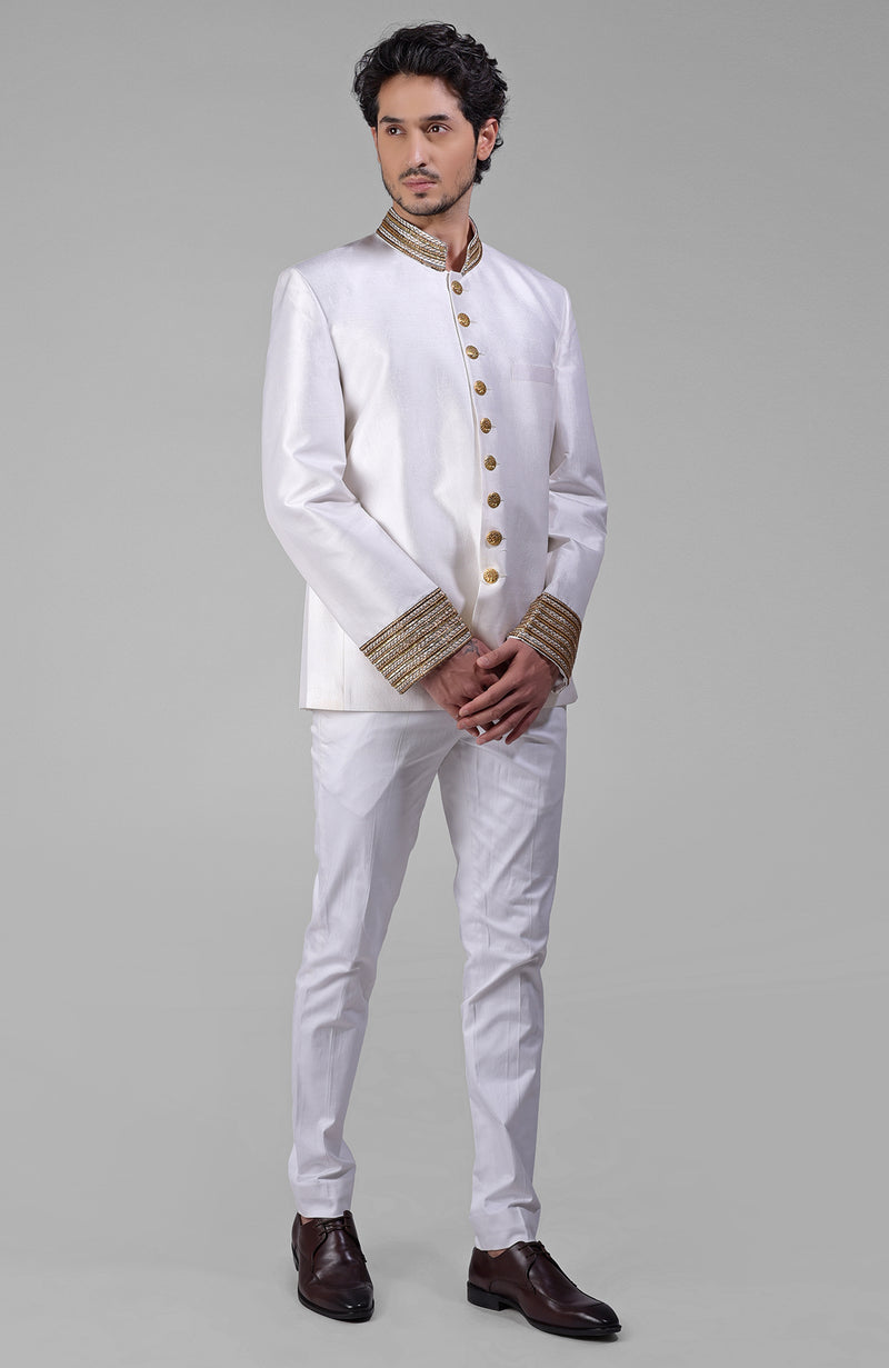 Gold Zardozi Hand Embroidered Silk Bandhgala Jacket Set