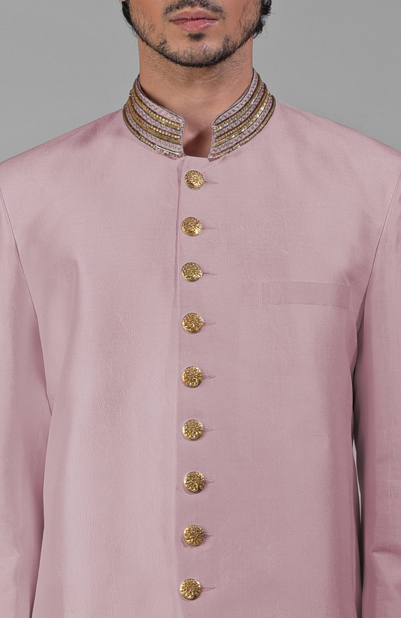 Burnished Lilac-Gold Zardozi Hand Embroidered Silk Bandhgala Jacket Set