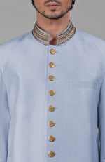 Dusty Blue-Gold Zardozi Hand Embroidered Silk Bandhgala Jacket Set