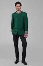 Emerald Green Zardozi Hand Embroidered Silk Bandhgala Jacket