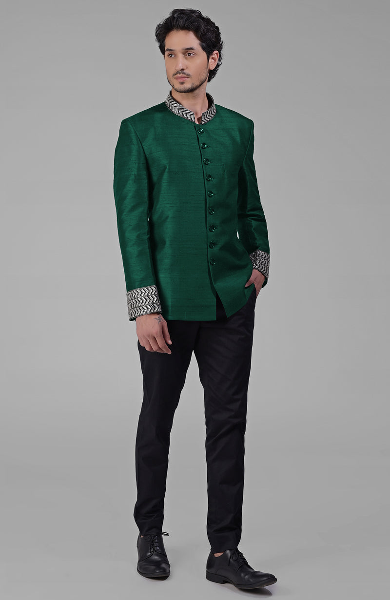 Emerald Green Zardozi Hand Embroidered Silk Bandhgala Jacket Set