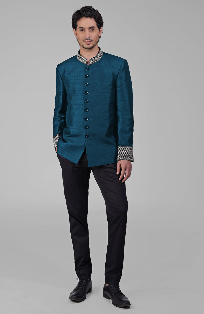 Maroon Zardozi Hand Embroidered Silk Bandhgala Jacket Set
