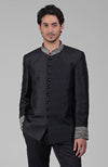 Charcoal Grey Zardozi Hand Embroidered Silk Bandhgala Jacket